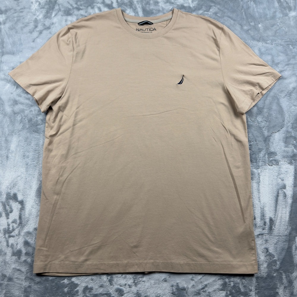 Nautica Performance Tee Mens XL Tan Beige Short Sleeve Cotton Stretch T-Shirt
